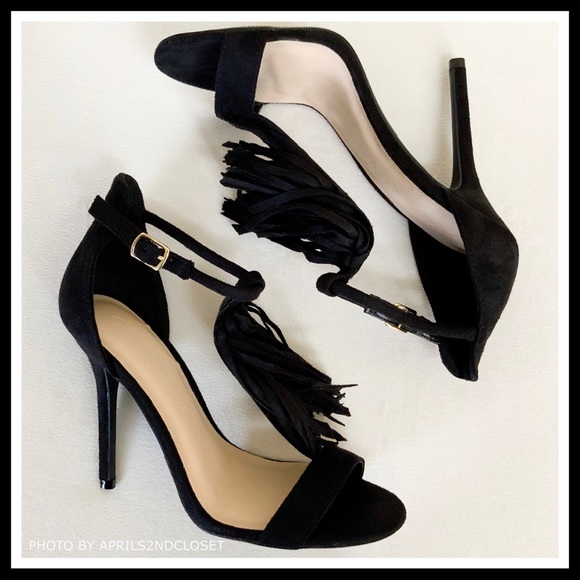 BLACK ANKLE STRAP HIGH HEELS BOHO FRINGE SANDALS - Picture 7 of 8